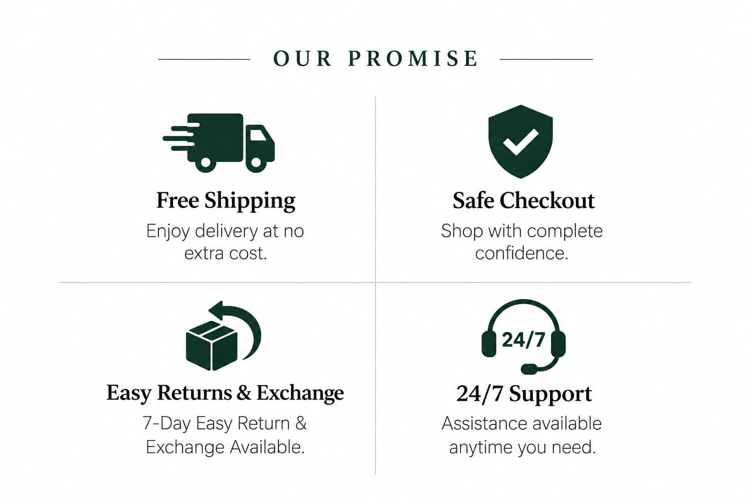 Our Promise — Free Shipping, Safe Checkout, 7-Day Easy Returns & Exchange, 24/7 Support