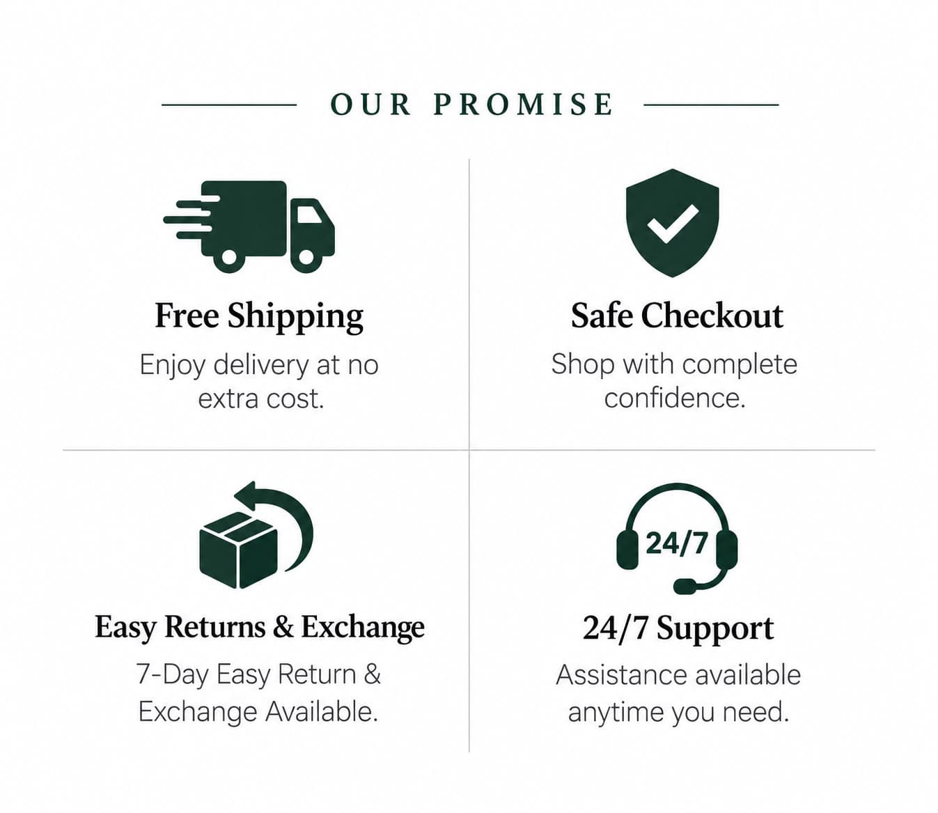 Our Promise — Free Shipping, Safe Checkout, 7-Day Easy Returns & Exchange, 24/7 Support